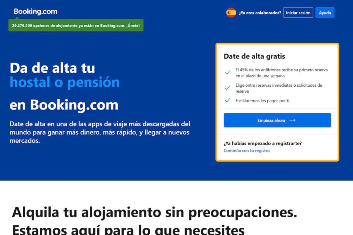 Página de alta de Booking.com (español)