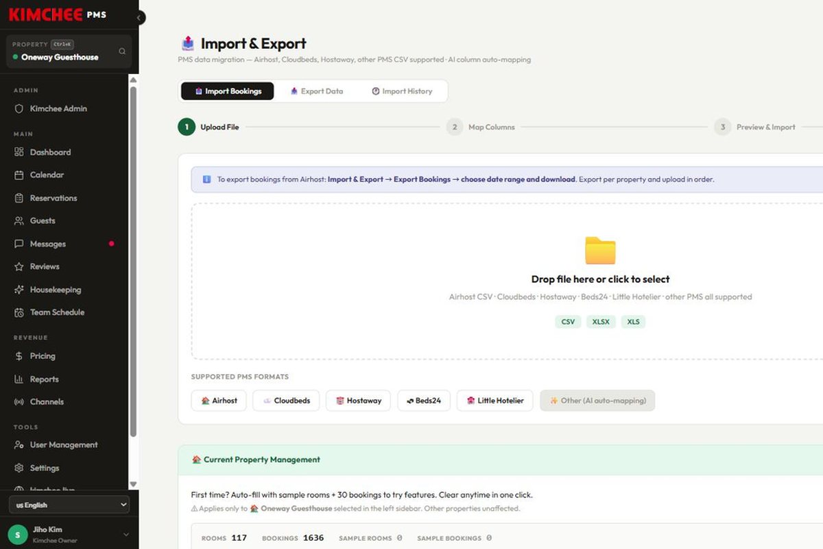 Kimchee PMS Import & Export screen: bring bookings over from Airbnb, Cloudbeds, Hostaway, Beds24 or Little Hotelier