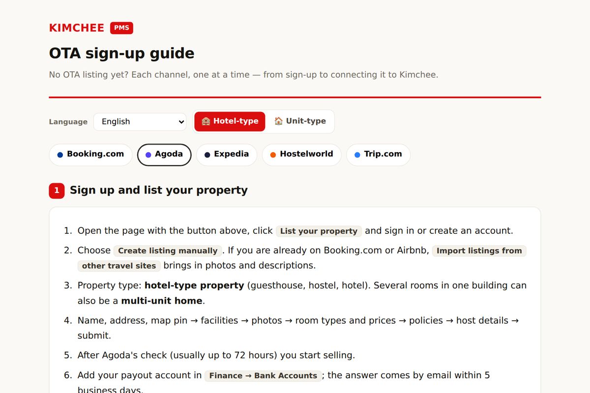 Kimchee PMS guide: Agoda sign-up steps