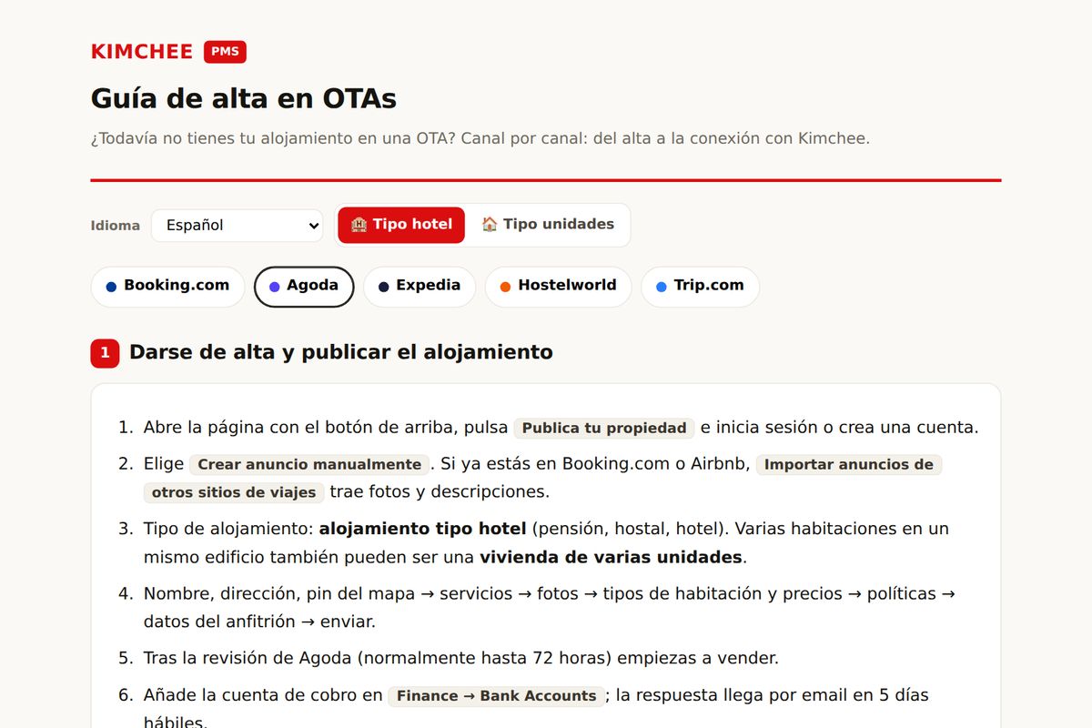 Guía de Kimchee PMS: pasos de alta en Agoda