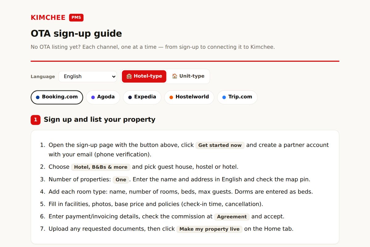 Kimchee PMS guide: Booking.com sign-up steps