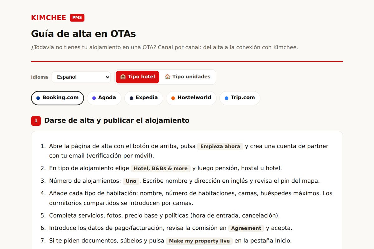 Guía de Kimchee PMS: pasos de alta en Booking.com