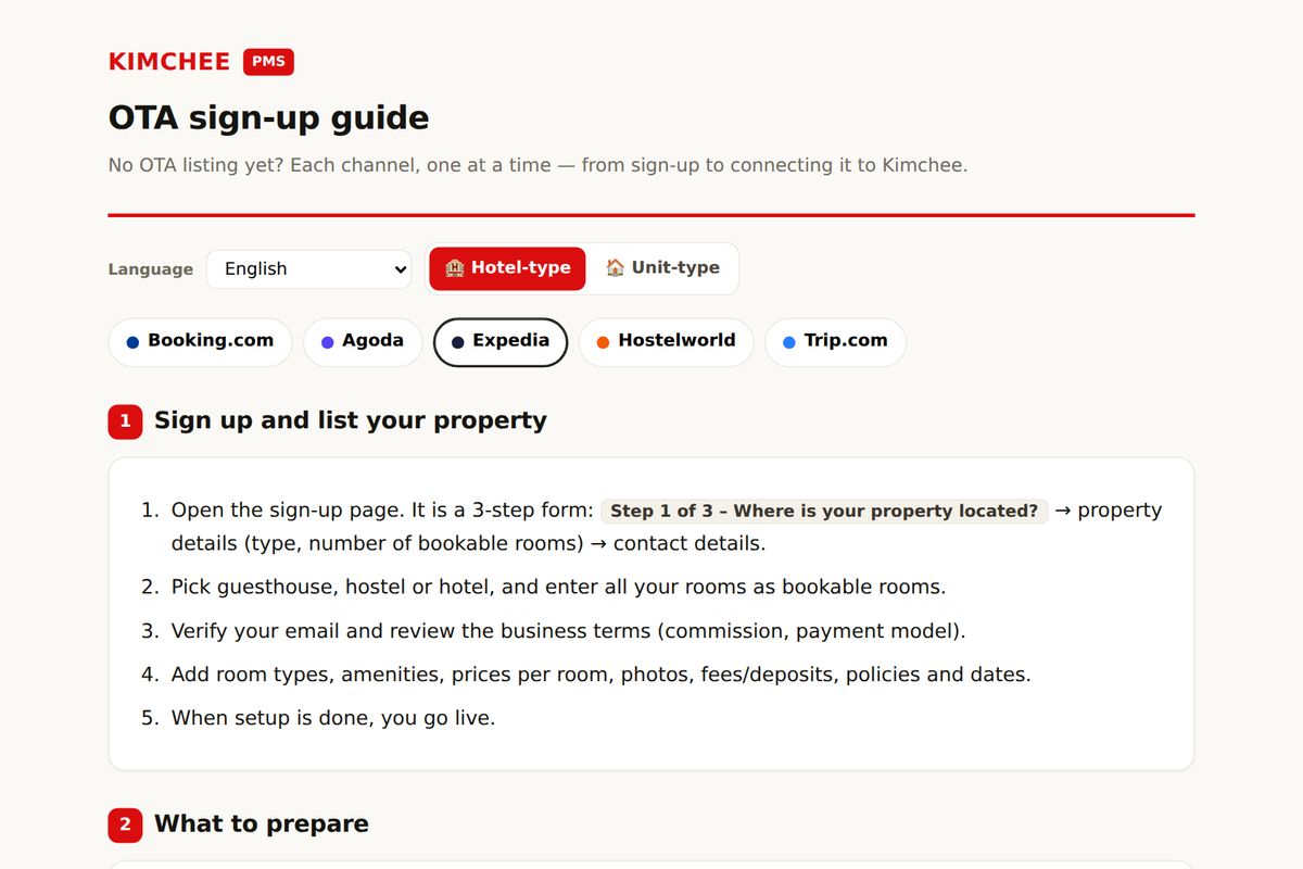 Kimchee PMS guide: Expedia sign-up steps