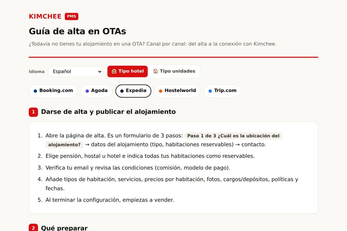 Guía de Kimchee PMS: pasos de alta en Expedia