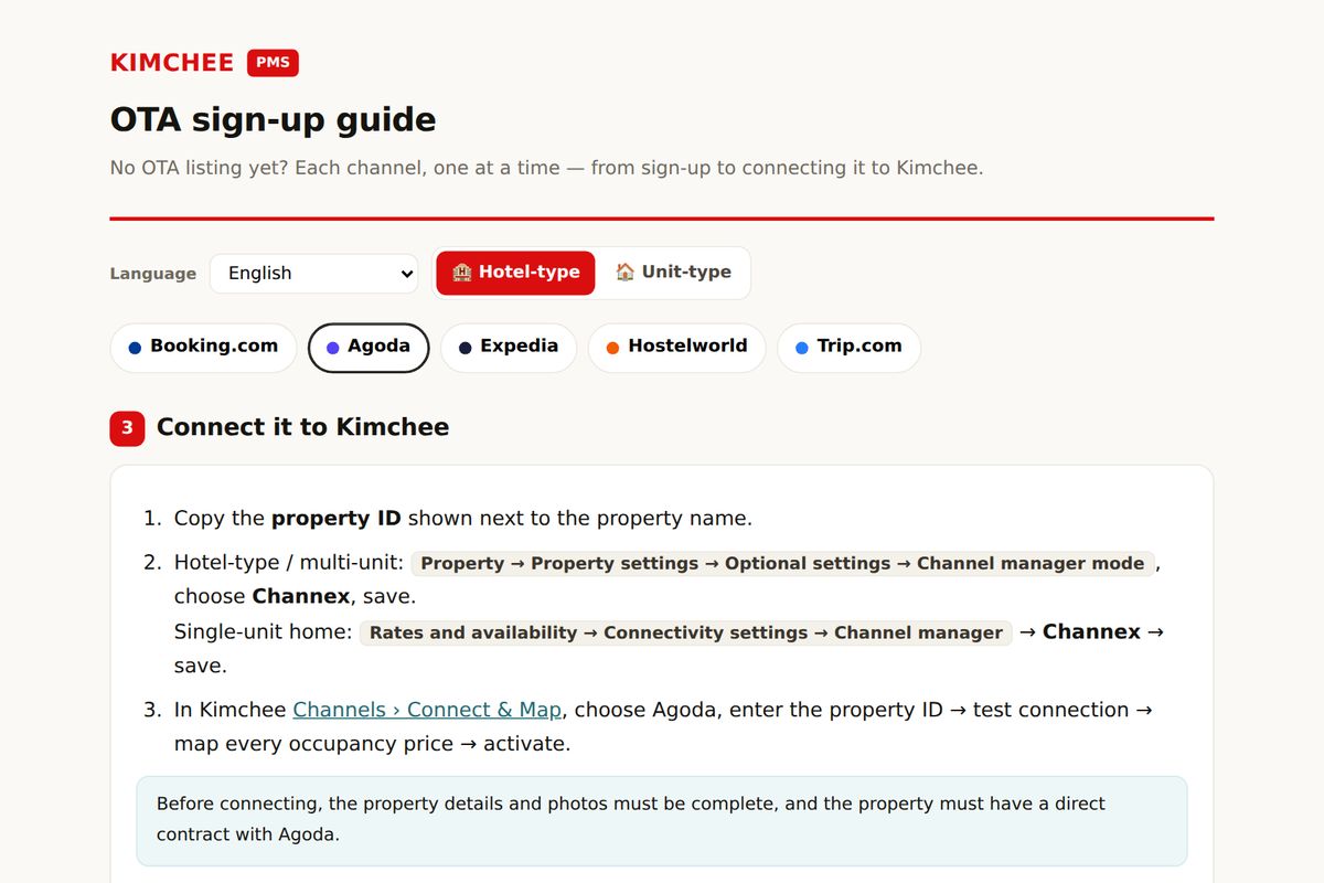 Kimchee PMS guide: connecting Agoda (Connectivity provider)