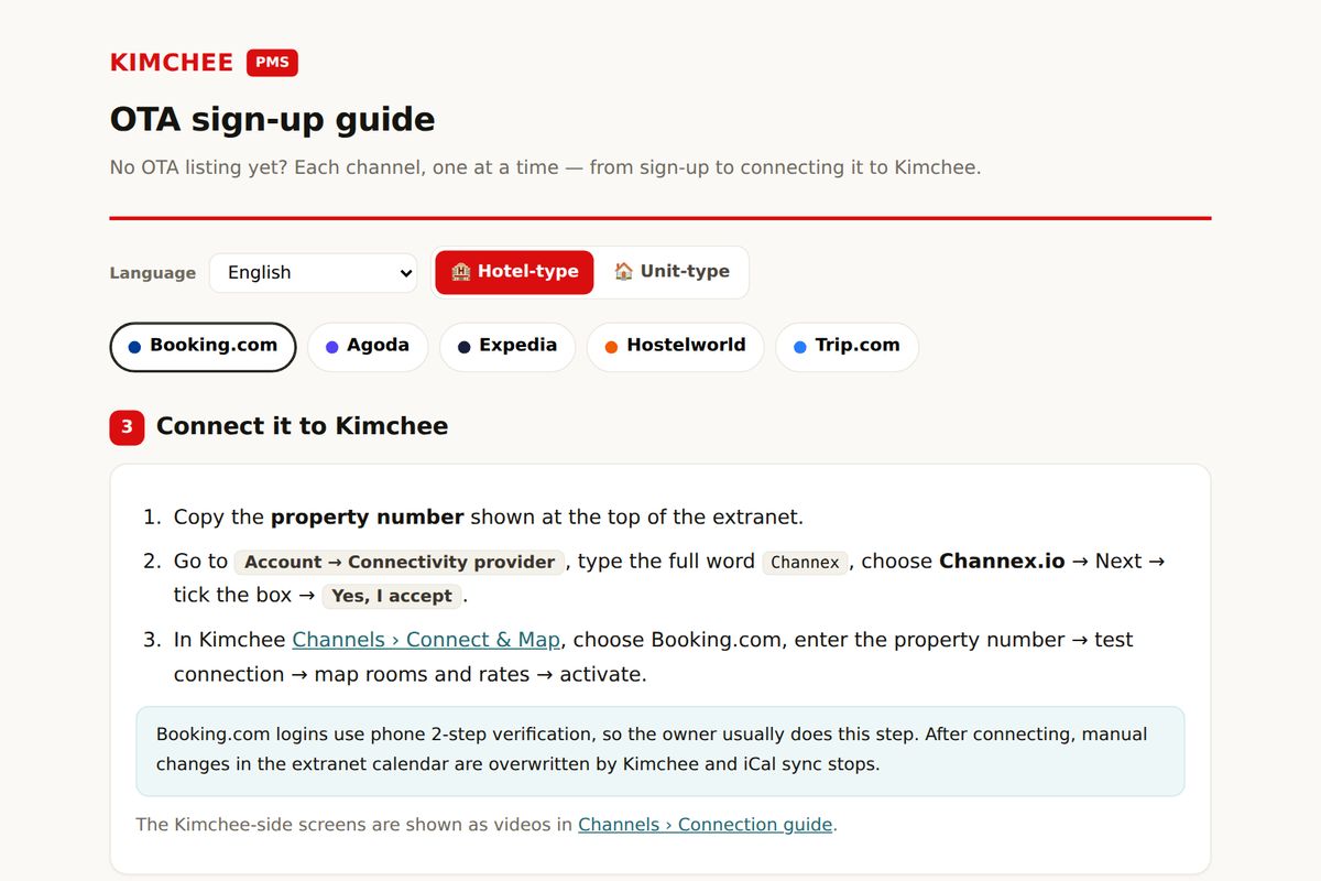 Kimchee PMS guide: connecting Booking.com (Connectivity provider)
