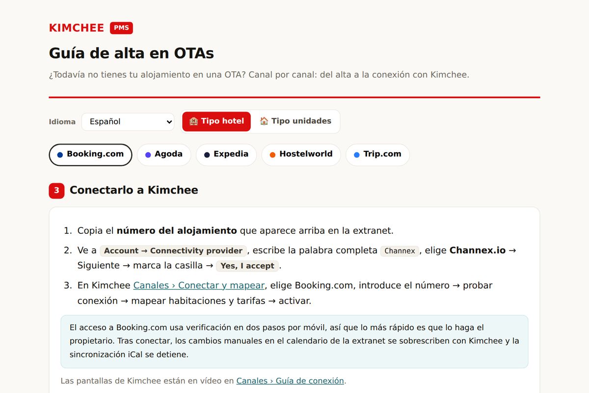Guía de Kimchee PMS: conectar Booking.com con Kimchee