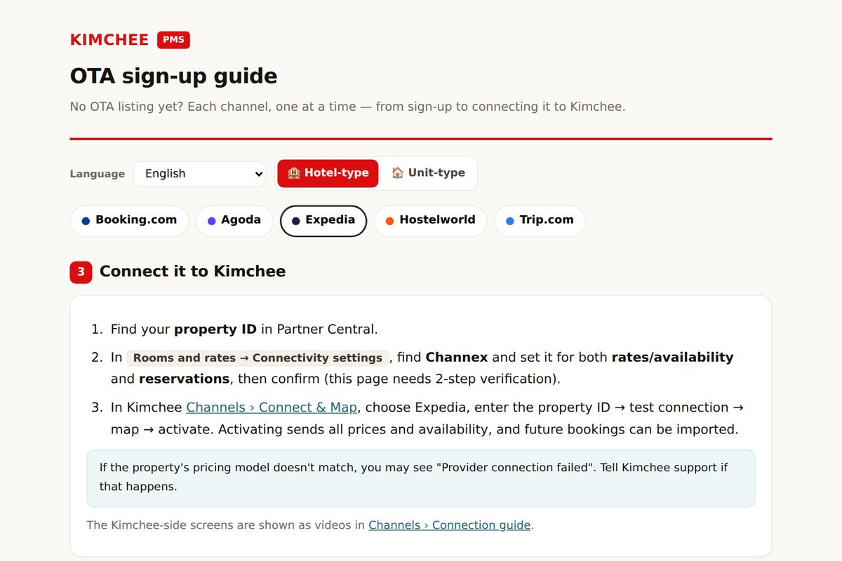 Kimchee PMS guide: connecting Expedia (Connectivity provider)
