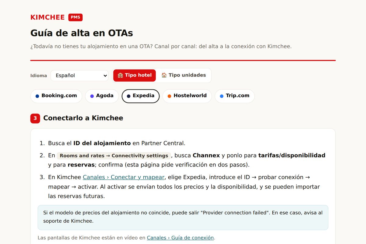 Guía de Kimchee PMS: conectar Expedia con Kimchee