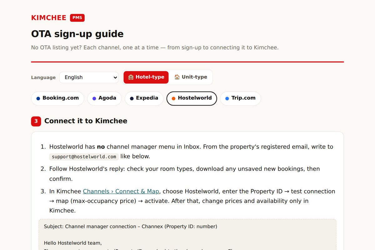 Kimchee PMS guide: connecting Hostelworld (Connectivity provider)