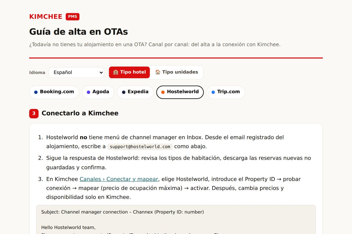 Guía de Kimchee PMS: conectar Hostelworld con Kimchee