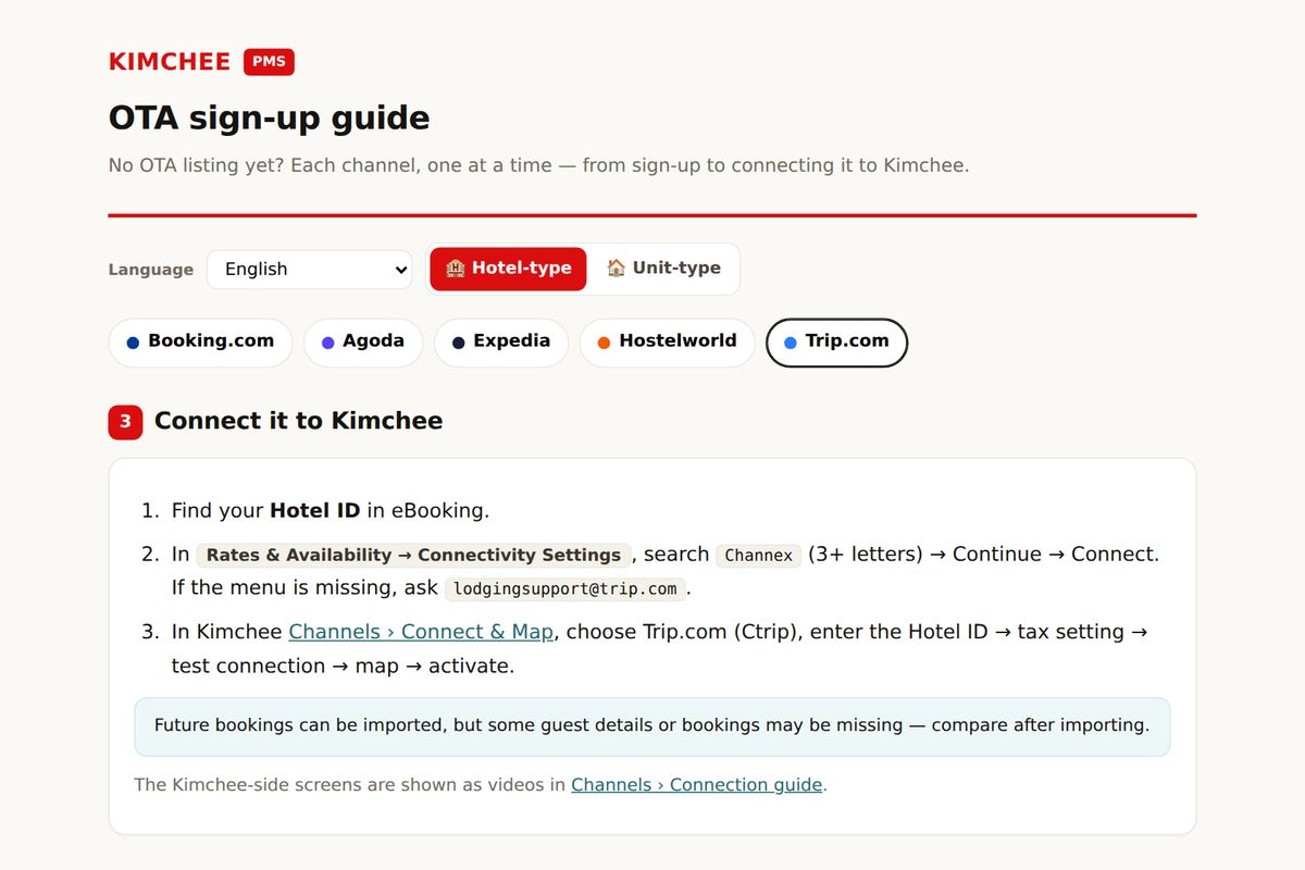 Kimchee PMS guide: connecting Trip.com (Connectivity provider)