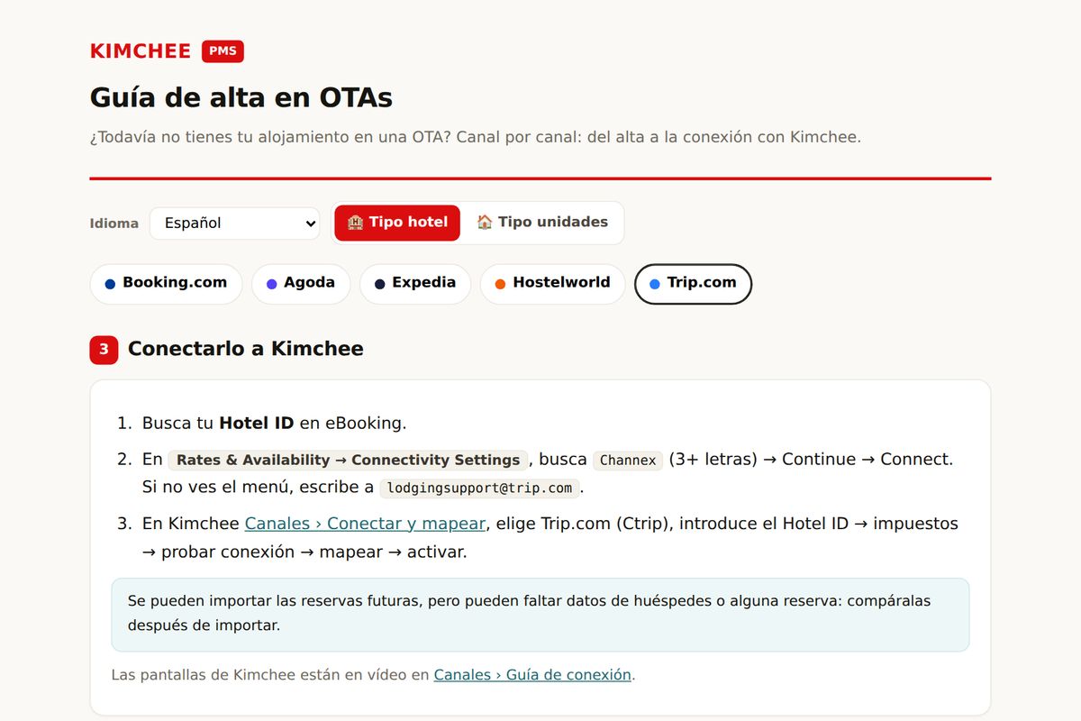 Guía de Kimchee PMS: conectar Trip.com con Kimchee