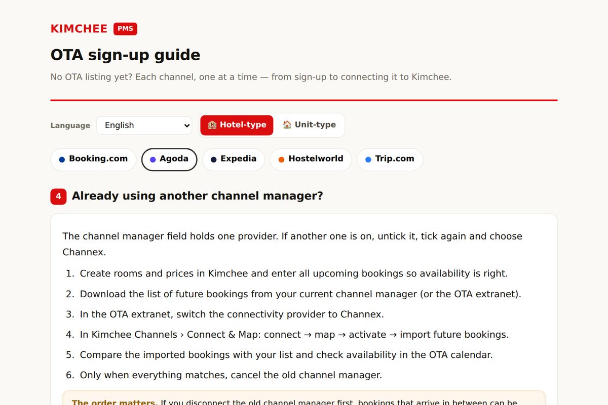 Kimchee PMS guide: switching channel managers on Agoda