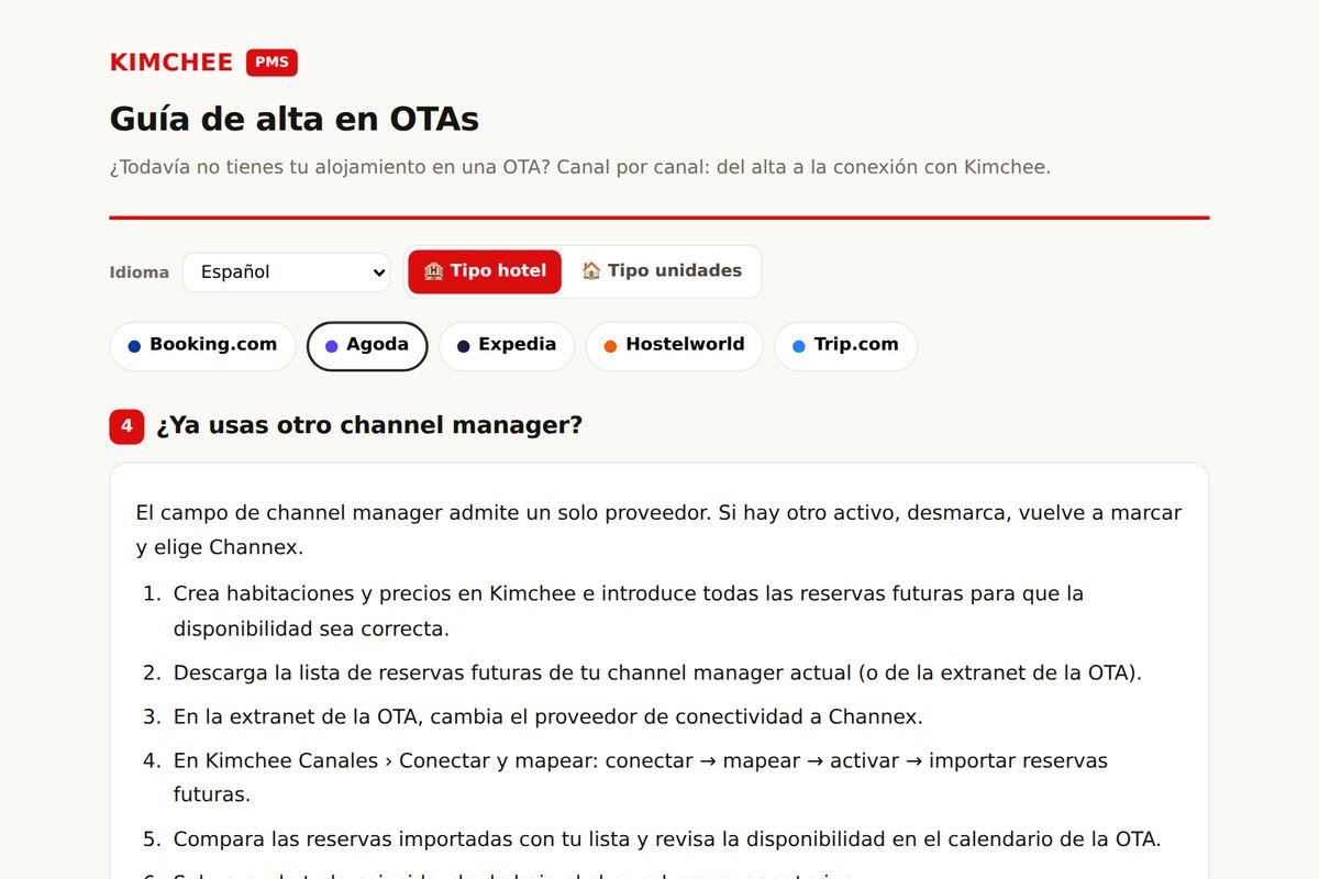 Guía de Kimchee PMS: cambiar de channel manager en Agoda