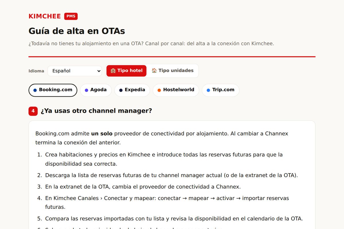 Guía de Kimchee PMS: cambiar de channel manager en Booking.com