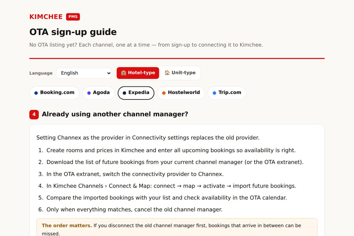 Kimchee PMS guide: switching channel managers on Expedia