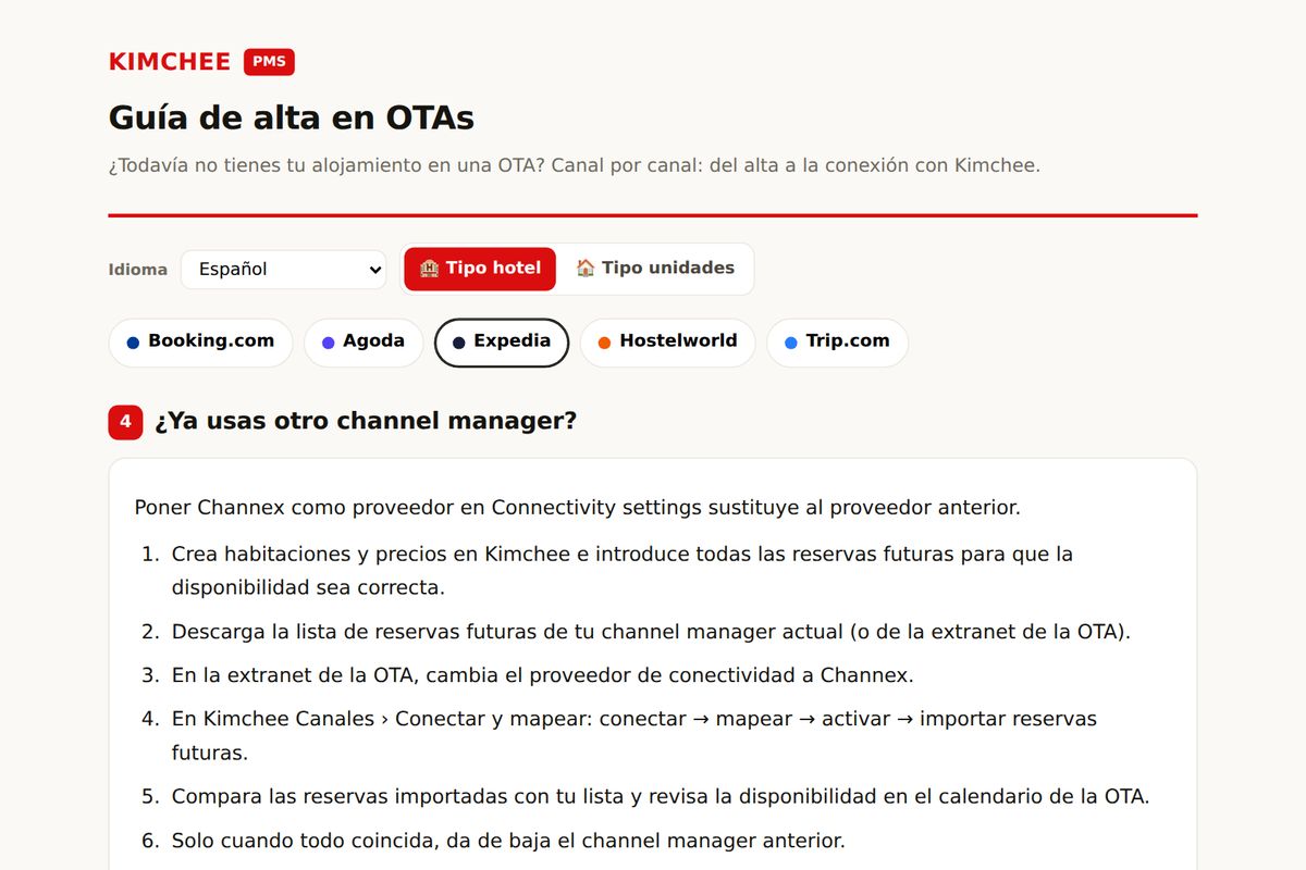 Guía de Kimchee PMS: cambiar de channel manager en Expedia