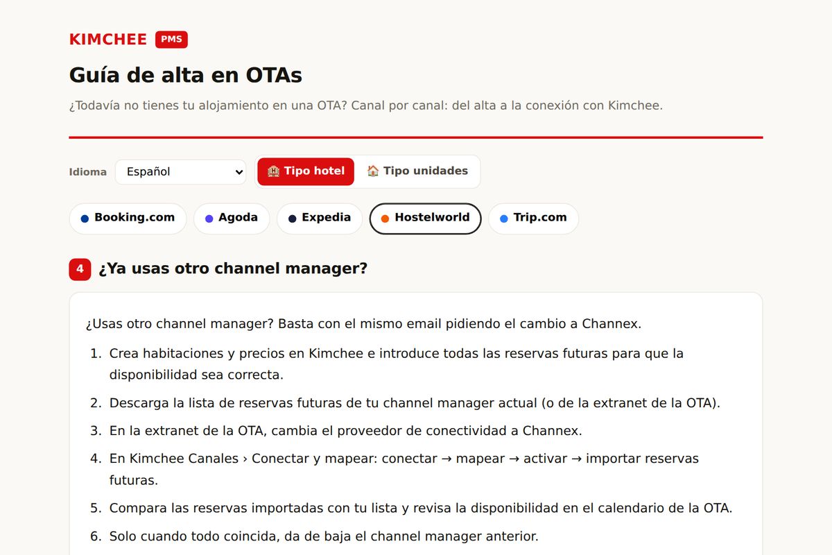 Guía de Kimchee PMS: cambiar de channel manager en Hostelworld