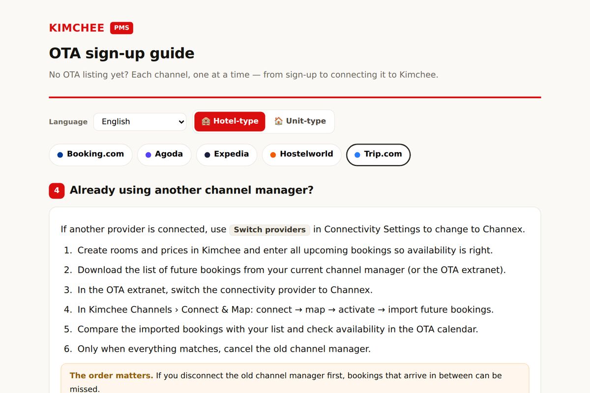 Kimchee PMS guide: switching channel managers on Trip.com