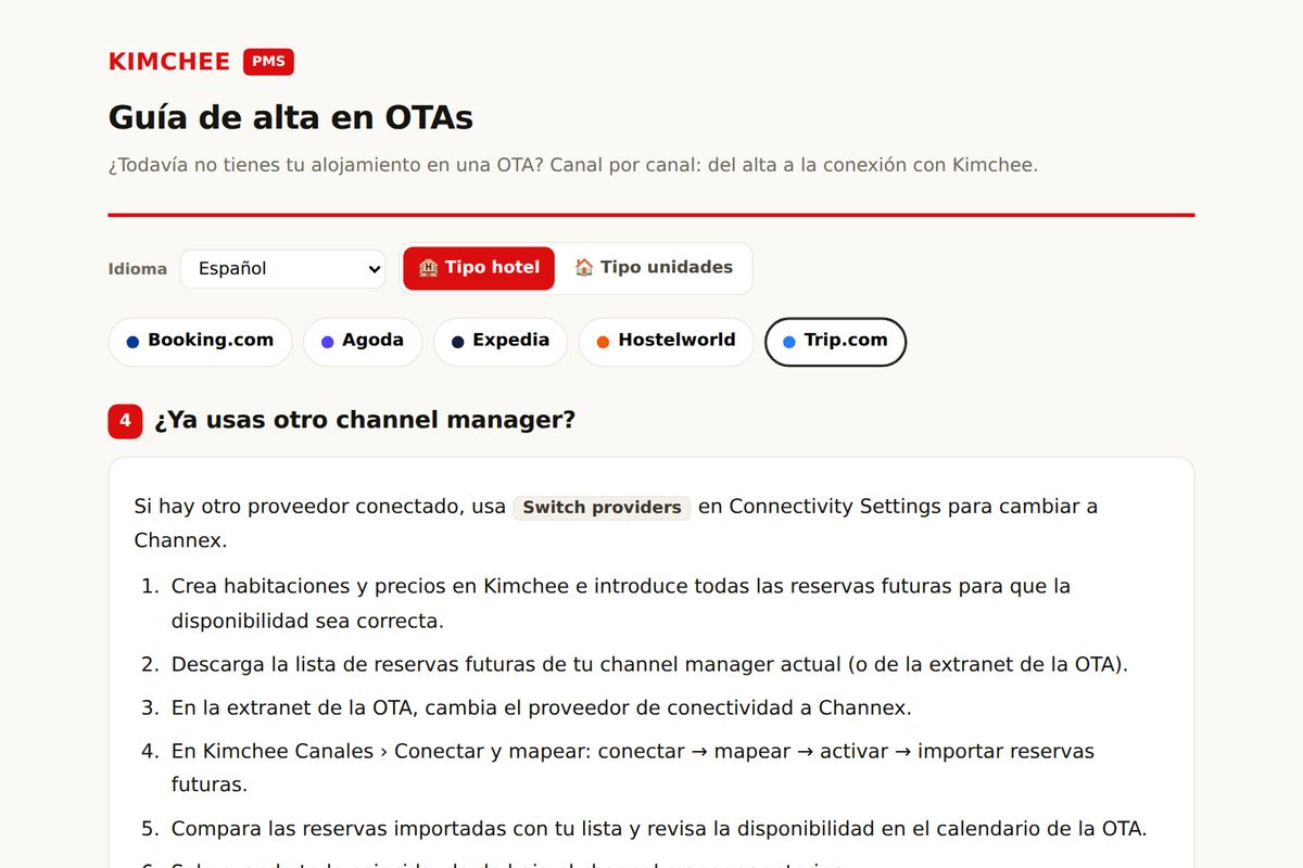 Guía de Kimchee PMS: cambiar de channel manager en Trip.com
