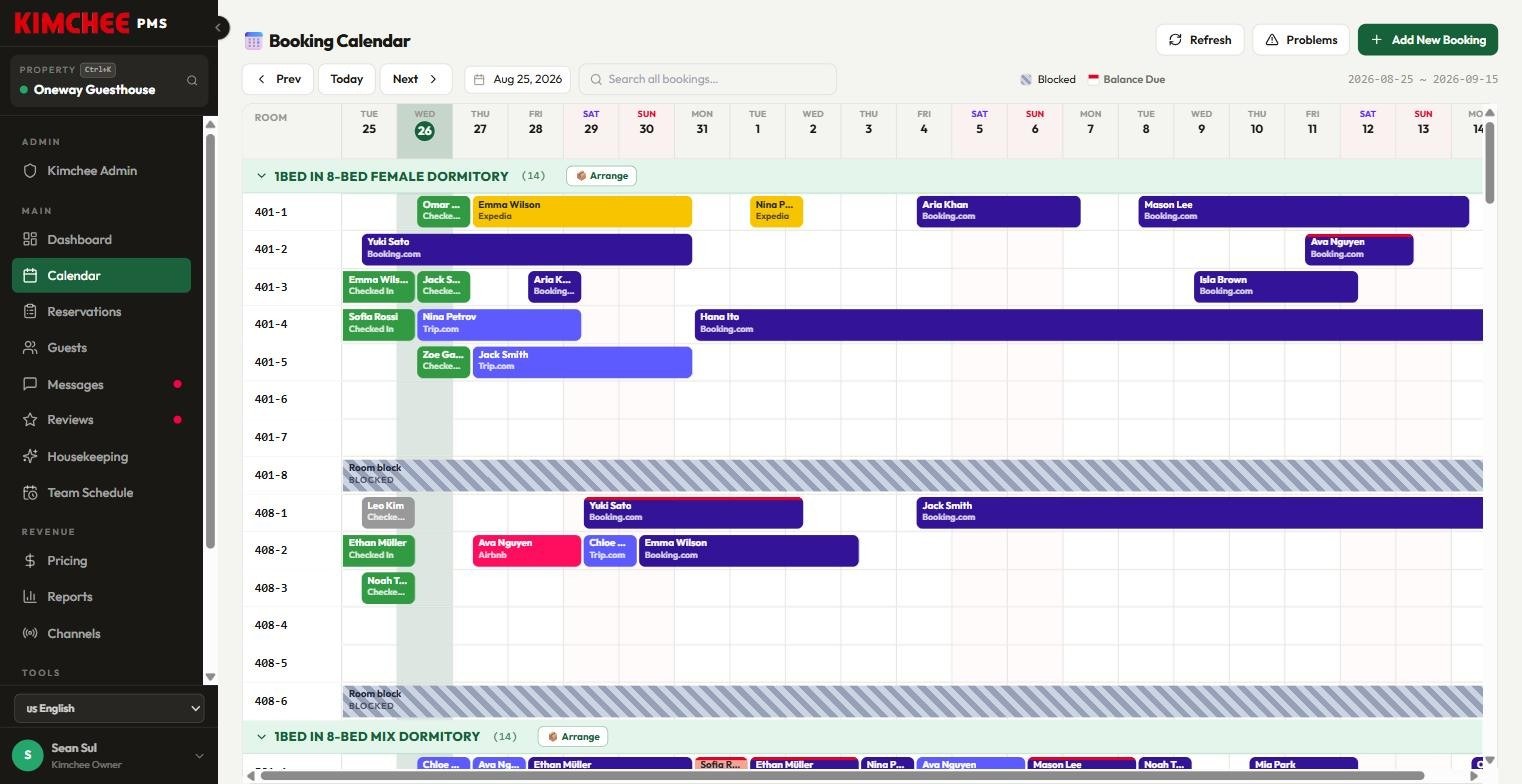 Kimchee PMS booking calendar