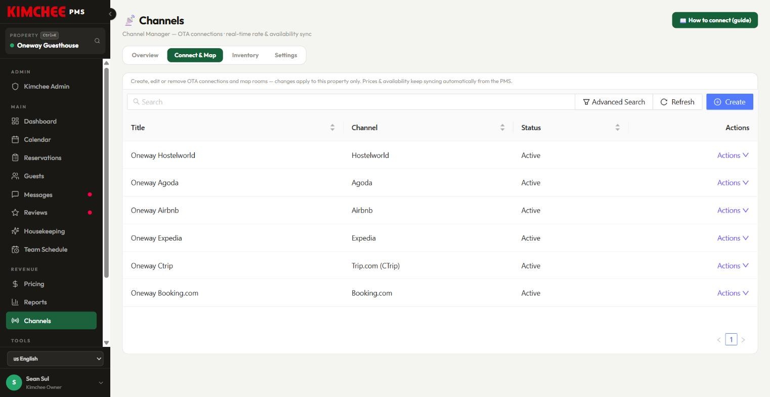 Kimchee PMS channel manager — connected OTAs