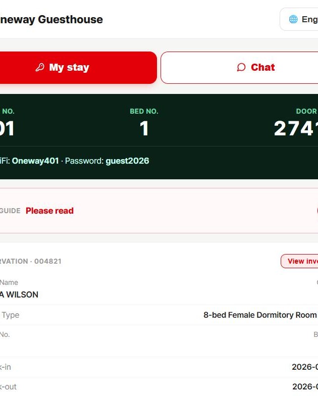 My Stay guest page — door code, Wi-Fi, booking