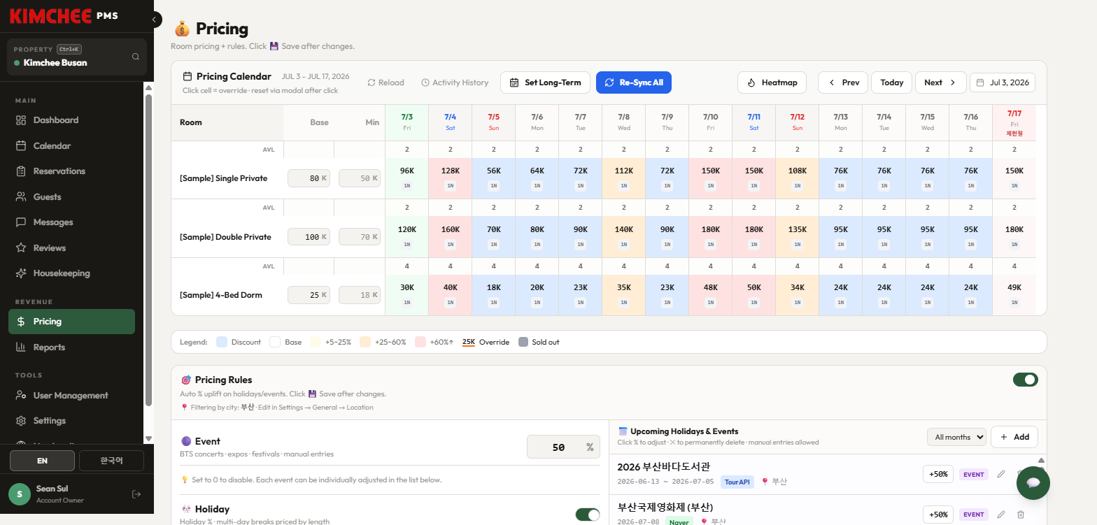 Kimchee PMS smart pricing calendar
